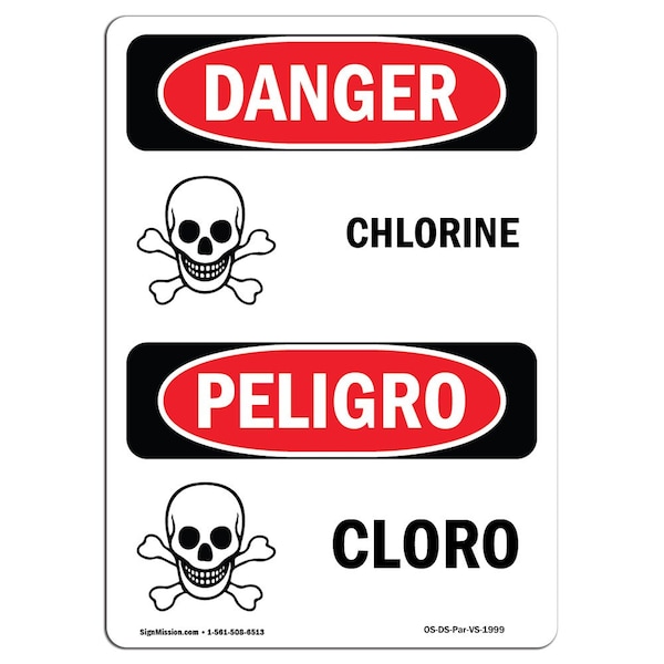 Safety Sign, OSHA Danger, 5" Height, Cloro, Bilingual Spanish, 10PK